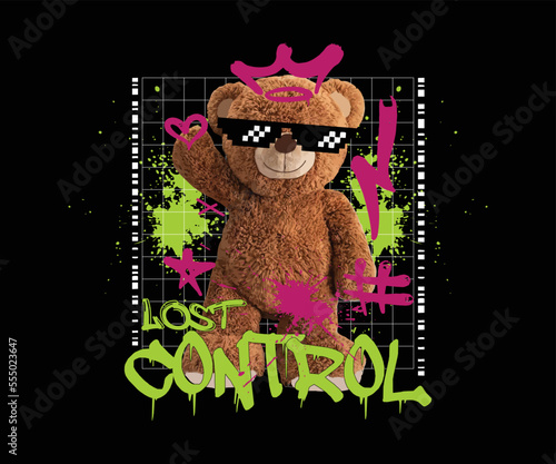 Foto lost control custom typography with a happy teddy bear illustration in graffiti style, for streetwear and urban style t-shirts design, hoodies, etc