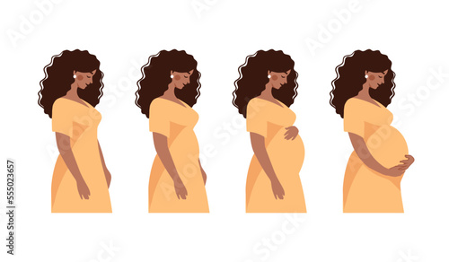 Black pregnant woman, pregnancy trimester, infographic with mom to prepare for childbirth. Pregnancy flat vector illustration set.