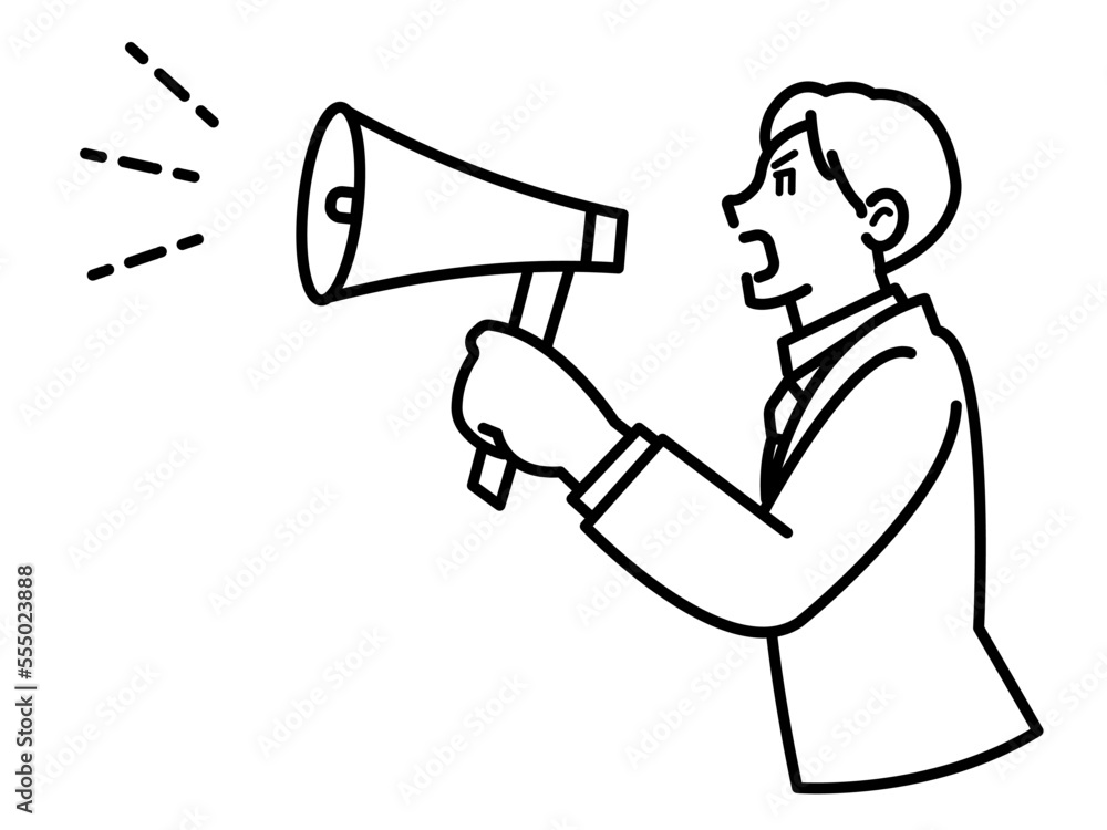 Fototapeta premium 拡声器を使って叫ぶビジネスマンのイラスト 線画のみ