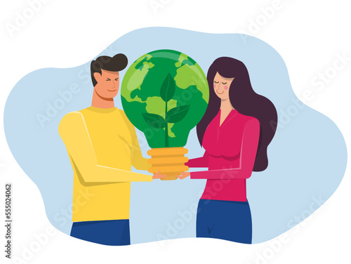  Young  woman and man cooperate the planet Earth with World Earth Day and Save the Planet concept of conservation, protection and reasonable consumption of natural resources.