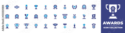 Awards icon collection. Duotone color. Vector illustration. Containing reward, quality, trophy, prize, medal, laurel wreath, awards, badge, validation, award, award ceremony, and more. photo