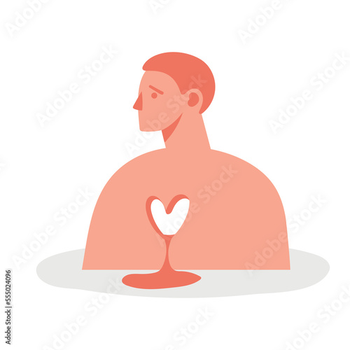 Heartbreak man, heartless guy, concept illustration about relationship, childhood trauma, psychological support. Flat vector icon on white background.