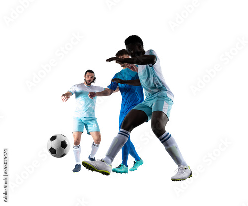 Fototapeta Naklejka Na Ścianę i Meble -  Soccer players play against the opposing team with soccerball