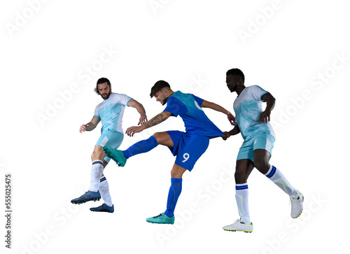 Soccer players play against the opposing team with soccerball
