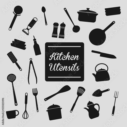 Hanging kitchen utensil vector illustration set