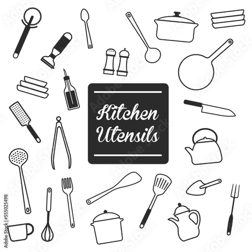 Hanging kitchen utensil vector illustration set