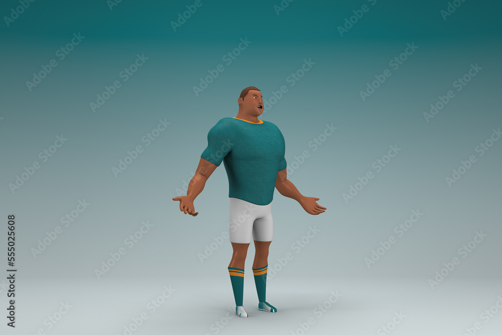 An athlete wearing a green shirt and white pants is expression of hand when talking. 3d rendering of cartoon character in acting. An athlete wearing a green shirt and white pants is expression of hand when talking. 3d rendering of cartoon character in acting.