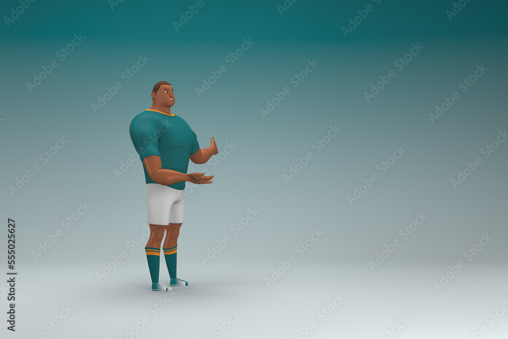 Fototapeta premium An athlete wearing a green shirt and white pants is expression of hand when talking. 3d rendering of cartoon character in acting.
