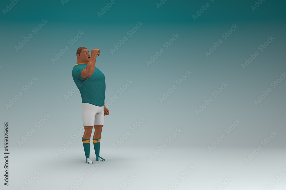 Obraz premium An athlete wearing a green shirt and white pants is expression of hand when talking. 3d rendering of cartoon character in acting.