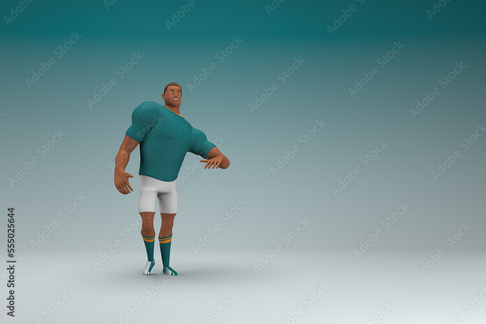 An athlete wearing a green shirt and white pants is expression of hand when talking. 3d rendering of cartoon character in acting. An athlete wearing a green shirt and white pants is expression of hand when talking. 3d rendering of cartoon character in acting.