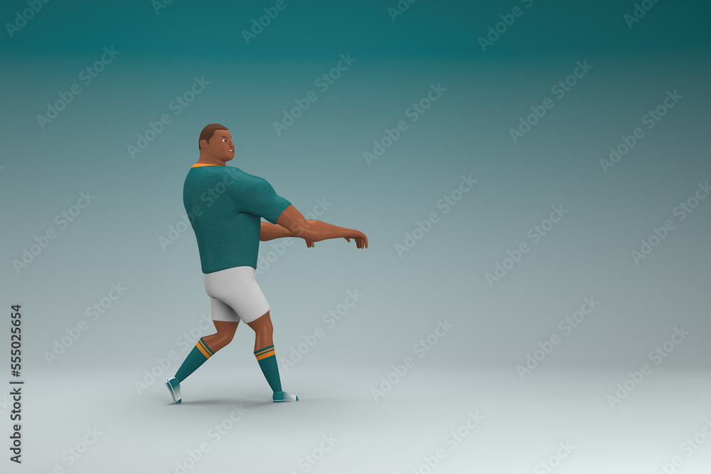 An athlete wearing a green shirt and white pants is expression of hand when talking. 3d rendering of cartoon character in acting. An athlete wearing a green shirt and white pants is expression of hand when talking. 3d rendering of cartoon character in acting.