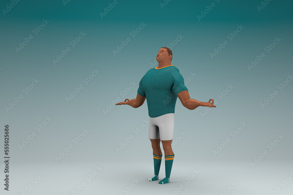 An athlete wearing a green shirt and white pants is expression of hand when talking. 3d rendering of cartoon character in acting. An athlete wearing a green shirt and white pants is expression of hand when talking. 3d rendering of cartoon character in acting.