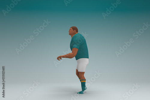 An athlete wearing a green shirt and white pants is expression of hand when talking. 3d rendering of cartoon character in acting.
