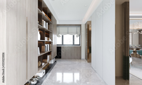 Interior of hallway has bookshelves,and windows with nature light at yhe end. 3D illustration