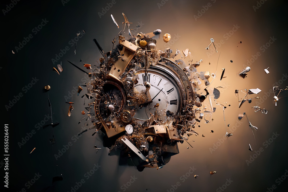 Time machine, steampunk,explodes, wall clock exploding, generative art Stock Illustration