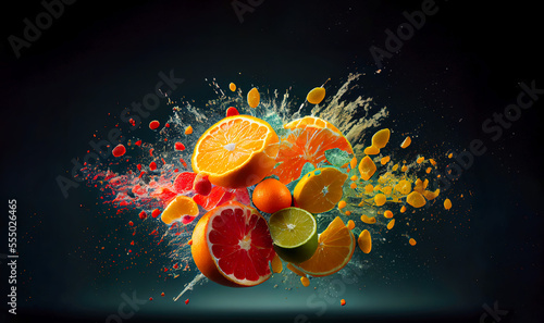 Fruits exploding colorful, energy drinks, generative art 