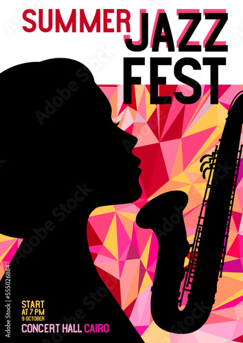 Jazz festival poster with saxophone, triangle polygon background, music media banner with the words summer jazz festival. Vector illustration digital design.