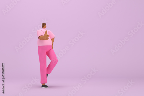 The black man with pink clothes. He is expression of body and hand when talking. 3d rendering of cartoon character in acting.