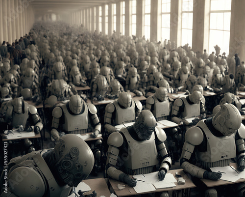 Wallpaper Mural A huhe group of robots, they are drawing, illustration of artificial intelligence, generative ai, black and white Torontodigital.ca