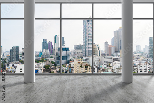 Empty room Interior Skyscrapers View Bangkok. Downtown City Skyline Buildings from High Rise Window. Beautiful Expensive Real Estate overlooking. Day time. 3d rendering.