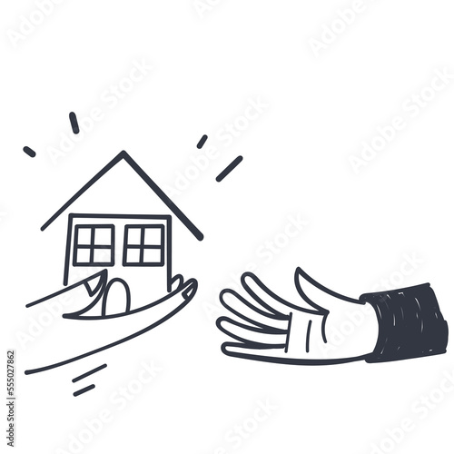 hand drawn doodle give to another hand small house illustration vector