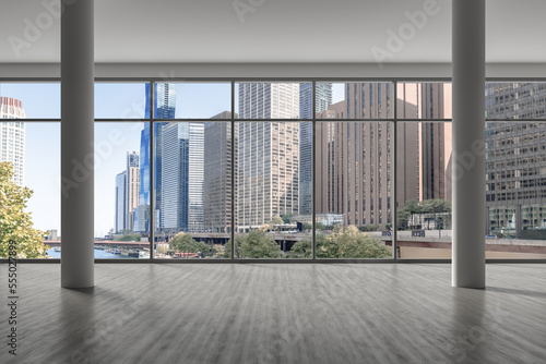 Downtown Chicago City Skyline Buildings from Window. Beautiful Expensive Real Estate. Epmty office room Interior Skyscrapers  River walk  bridge  waterfront view. Cityscape. Day time. 3d rendering.