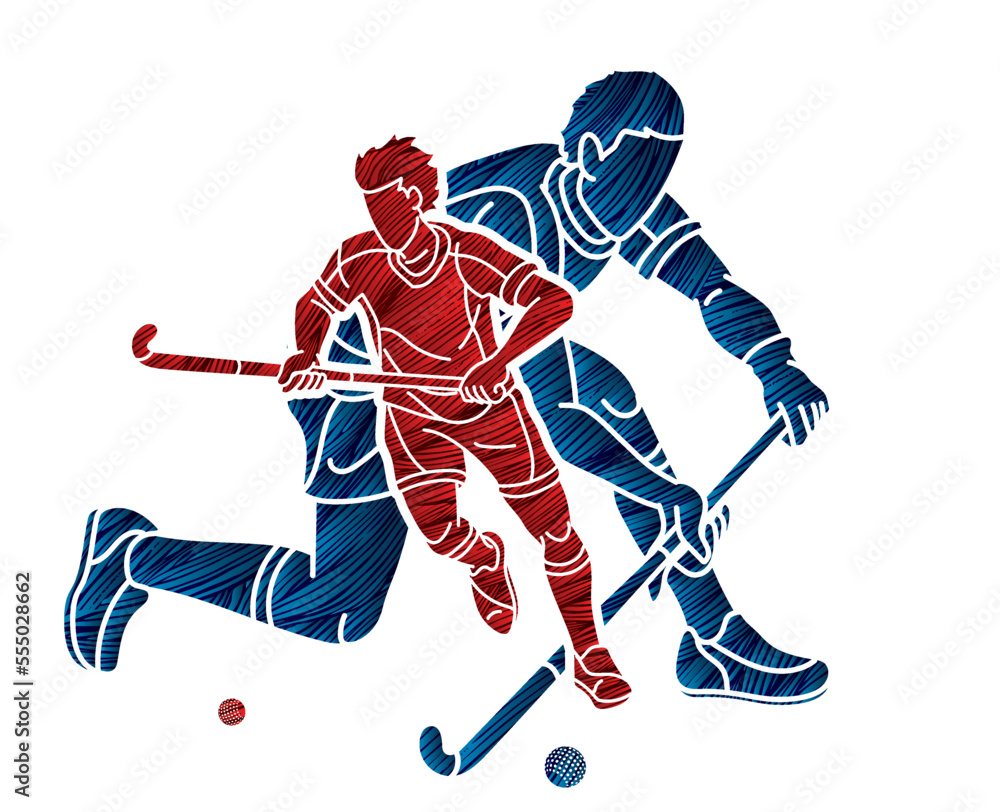 Obraz premium Group of Field Hockey Sport Male Players Mix Action Cartoon Graphic Vector