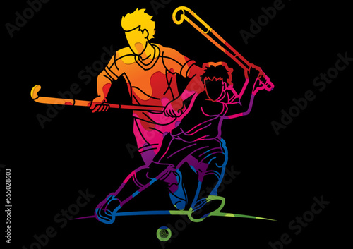 Group of Field Hockey Sport Male Players Mix Action Cartoon Graphic Vector