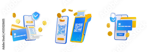 3d render pos terminal, paper check bill and plastic card. Mobile app for contactless payment, electronic device for safe wireless nfc bank money transactions, Illustration in cartoon plastic style photo