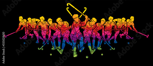 Group of Field Hockey Sport Male Players Mix Action Cartoon Graphic Vector