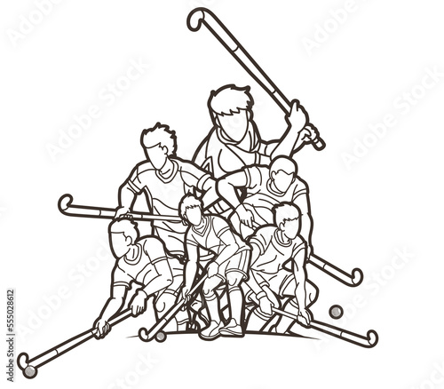 Group of Field Hockey Sport Male Players Mix Action Cartoon Graphic Vector