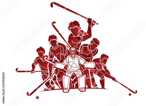 Group of Field Hockey Sport Male Players Mix Action Cartoon Graphic Vector