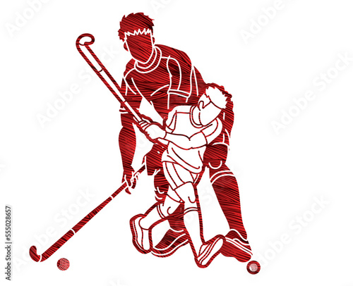 Group of Field Hockey Sport Male Players Mix Action Cartoon Graphic Vector