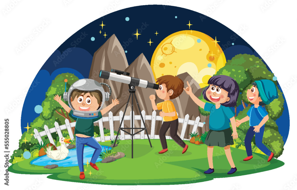 Scene with kids observing night sky