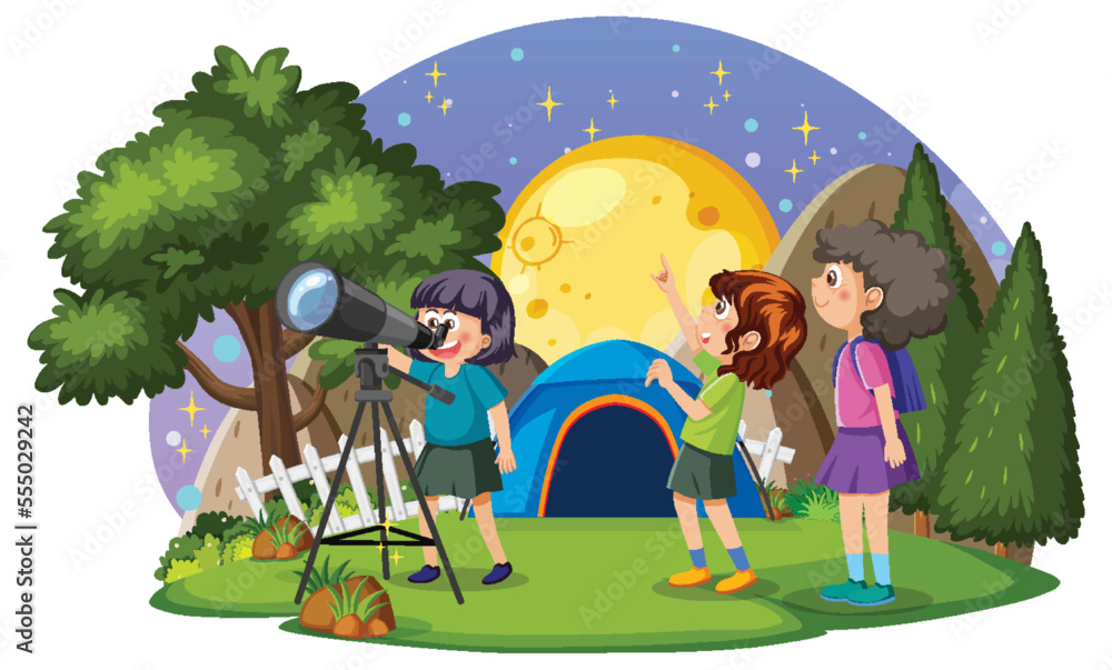 Outdoor scene with kids observing night sky Outdoor scene with kids observing night sky
