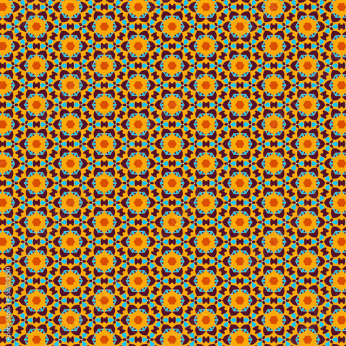 Abstract bright fabric or paper pattern with simple floral elements and geometric shapes