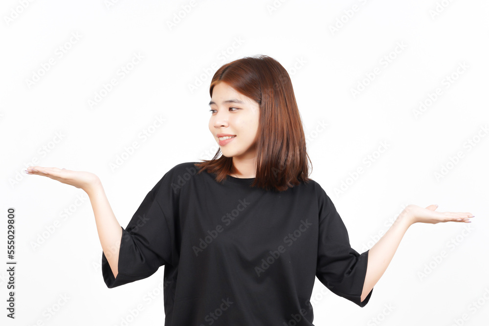 Showing and Presenting Two Product on Open Palm Of Beautiful Asian Woman Isolated On White Showing and Presenting Two Product on Open Palm Of Beautiful Asian Woman Isolated On White