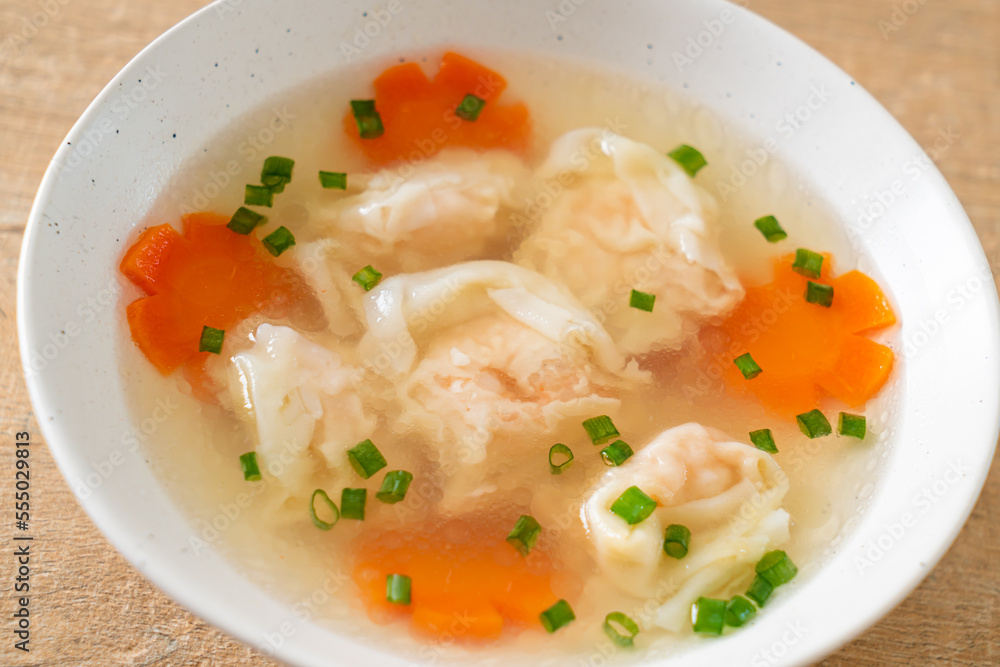 shrimp dumpling soup in white bowl shrimp dumpling soup in white bowl