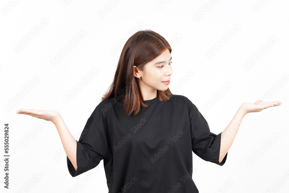 Showing and Presenting Two Product on Open Palm Of Beautiful Asian Woman Isolated On White Showing and Presenting Two Product on Open Palm Of Beautiful Asian Woman Isolated On White