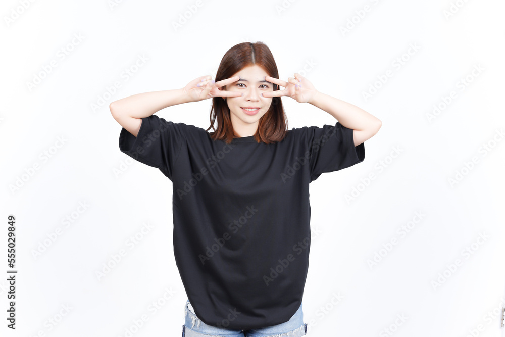 Naklejka premium Showing Peace Sign or Finger V Sign Of Beautiful Asian Woman Isolated On White Background