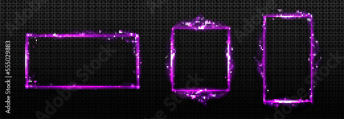 Set of purple rectangular lightning frames png isolated on transparent background. Realistic vector illustration of neon glowing magic power, electric energy effect borders for game ui. Design element