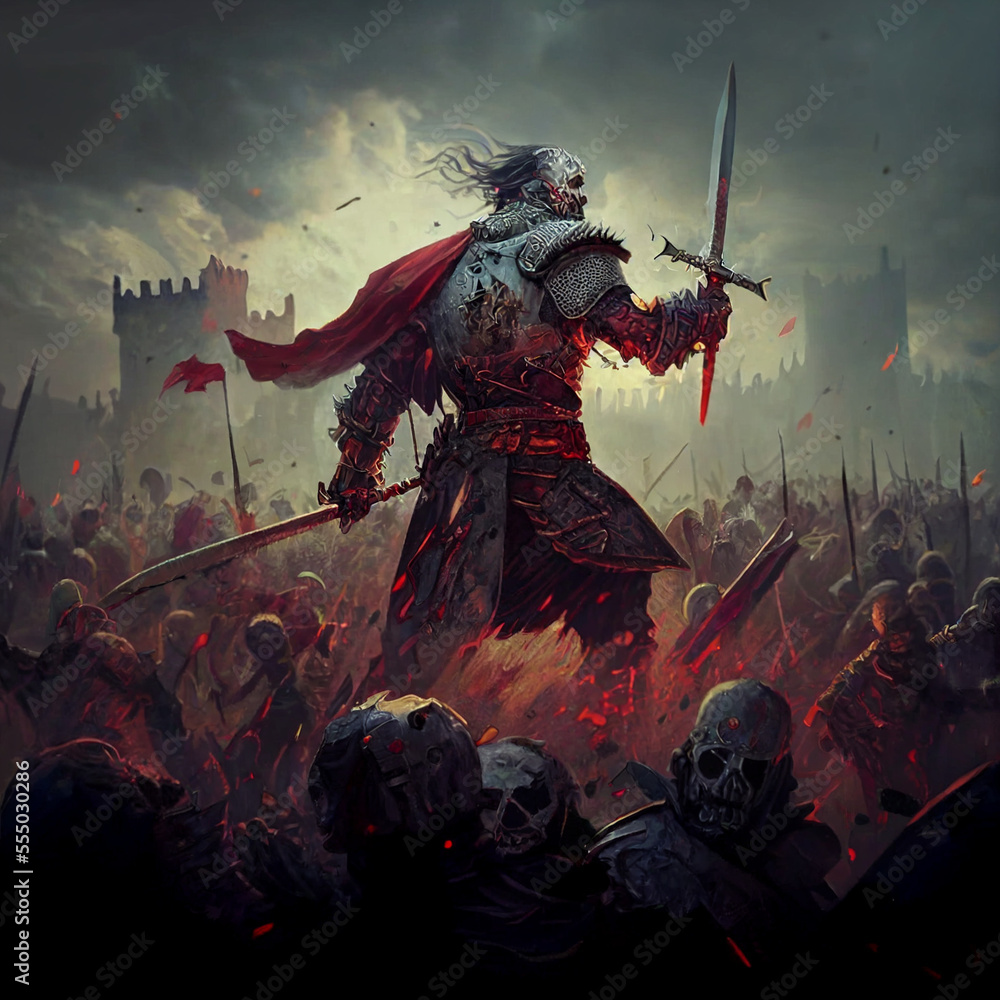A knight against hundreds created with generative AI technology A knight against hundreds created with generative AI technology