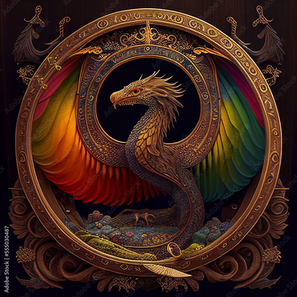 Obraz premium A rainbow dragon encircled in gold created with generative AI technology 