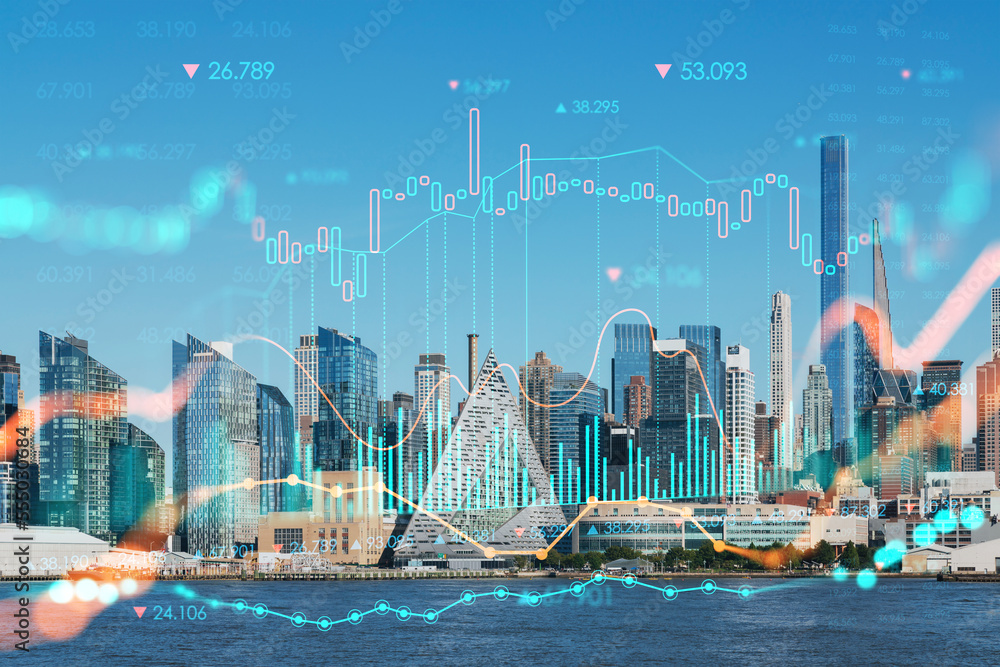 Obraz premium New York City skyline from New Jersey over the Hudson River towards Midtown Manhattan at day time. Forex graph hologram. The concept of internet trading, brokerage and fundamental analysis