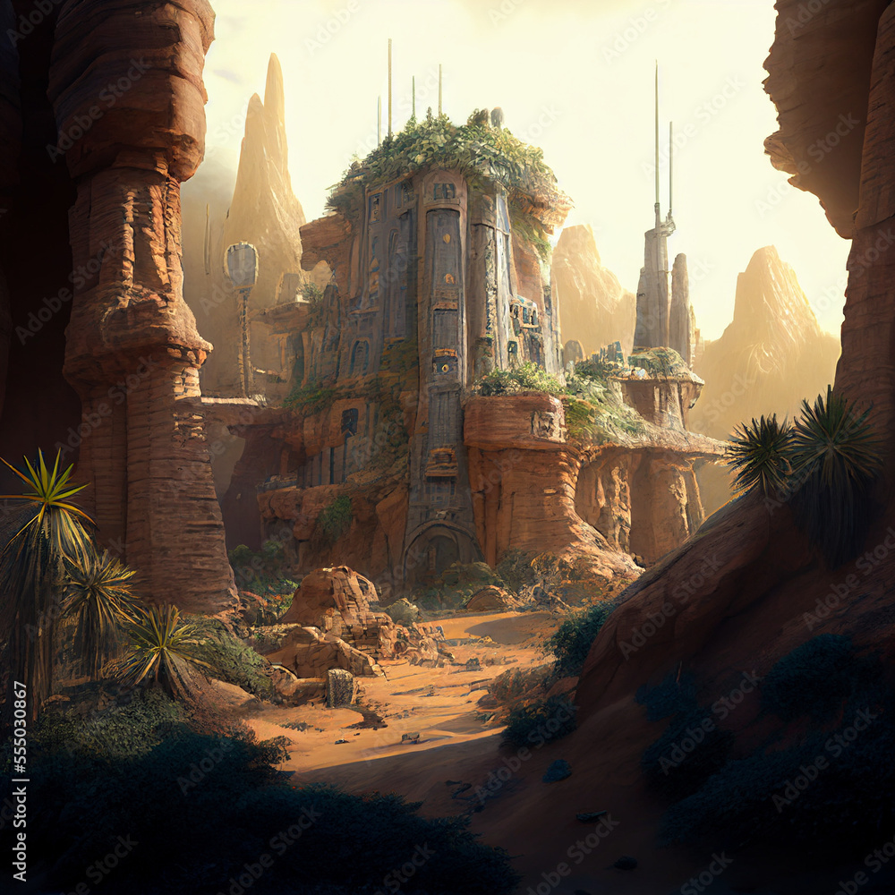 An ancient city built on a giant tufa cliff created with generative AI ...