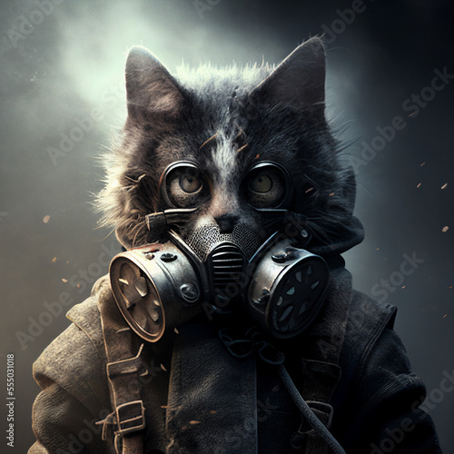 An anthropomorphic cat wearing a gas mask created with generative AI technology 