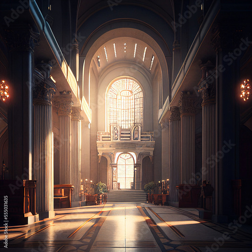 Art deco cathedral interior heavenly light created with generative AI technology