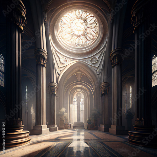 Art deco cathedral interior heavenly light created with generative AI technology
