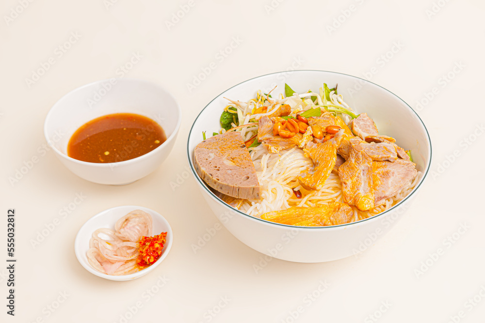 Bun mam nem, Vietnamese rice noodle with pork and fermented anchovy dipping sauce, Vietnamese food isolated on white background, perspective view Bun mam nem, Vietnamese rice noodle with pork and fermented anchovy dipping sauce, Vietnamese food isolated on white background, perspective view