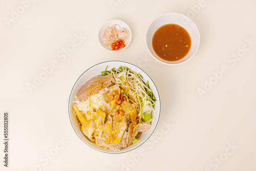 Bun mam nem, Vietnamese rice noodle with pork and fermented anchovy dipping sauce, Vietnamese food isolated on white background, top view